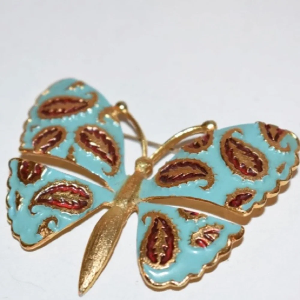 Vintage Karu Butterfly Brooch turquoise enamel paisley Gold Tone Unsigned - Picture 4 of 7
